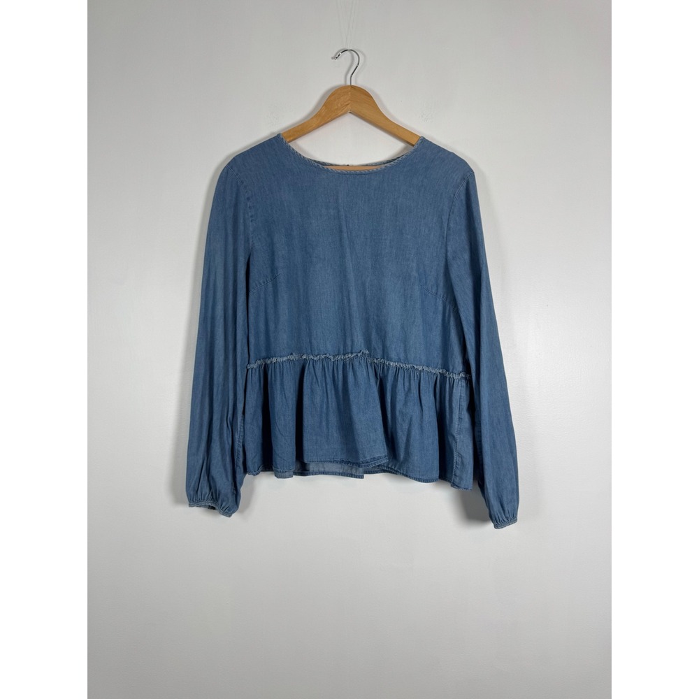 Boho Universal Thread Womens Large Peplum Top Blue Chambray Ruffle Long Sleeve
